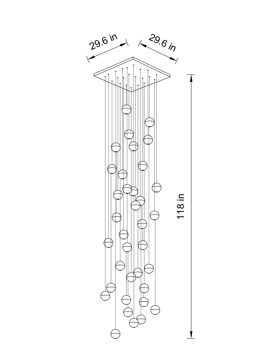 Side angle of the 36-pendant chandelier with square chrome canopy, highlighting its ethereal glow.