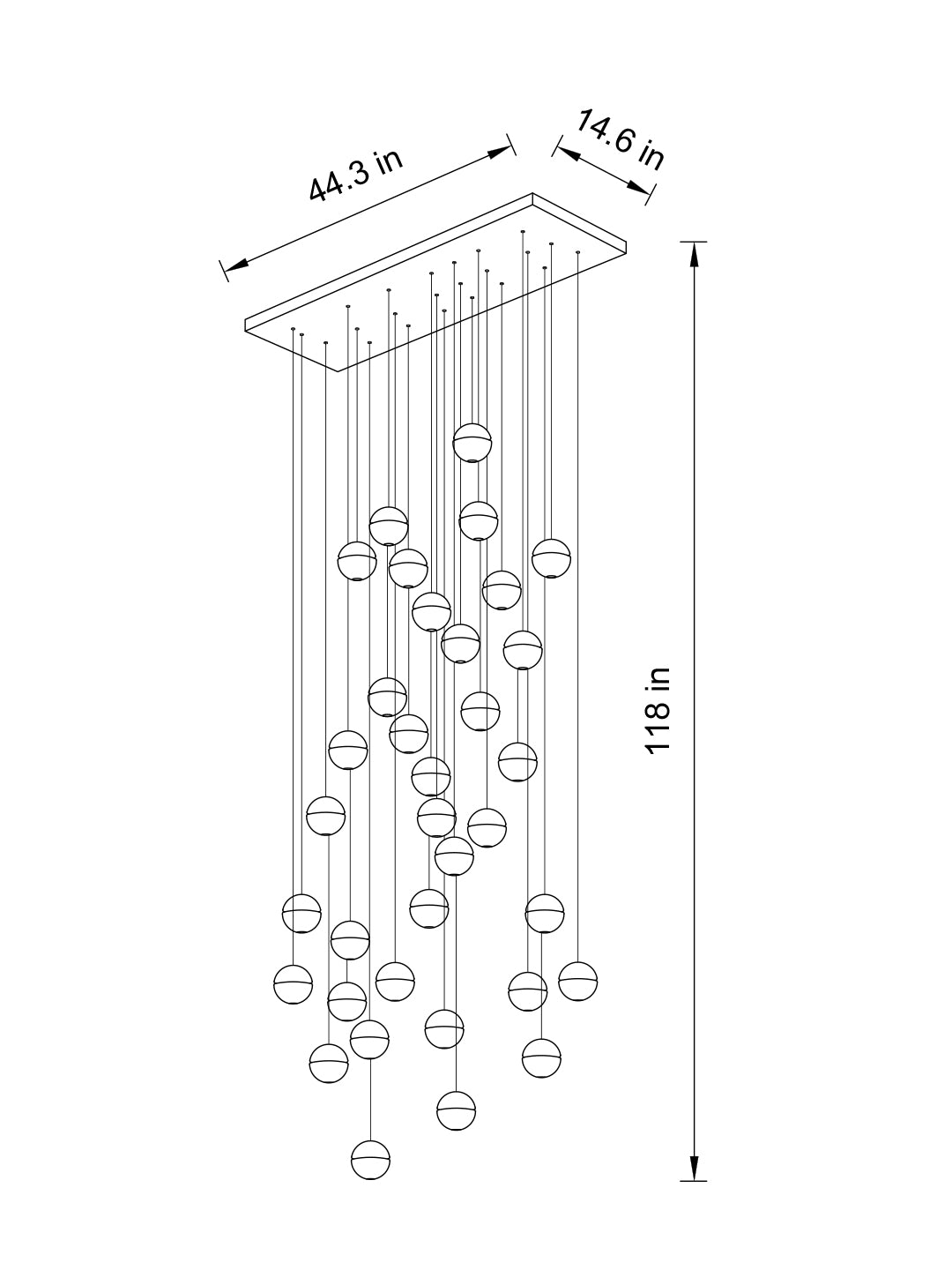 Top view of the 36-pendant chandelier with rectangular chrome canopy, revealing its expansive design.
