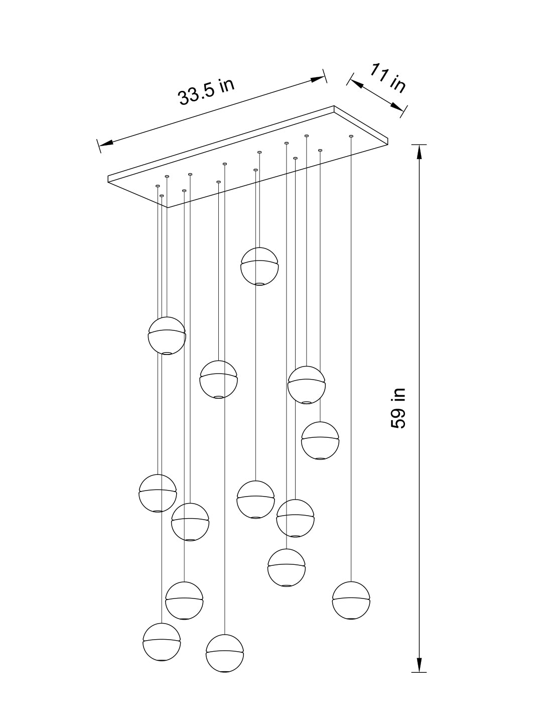 Top view of the 14-pendant chandelier with rectangular chrome canopy, revealing its symmetrical crystal arrangement.