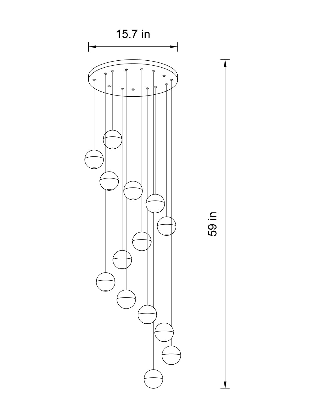 Front view of the 14-pendant Meteors Crystal Chandelier with round chrome canopy, showcasing its celestial crystal spheres.