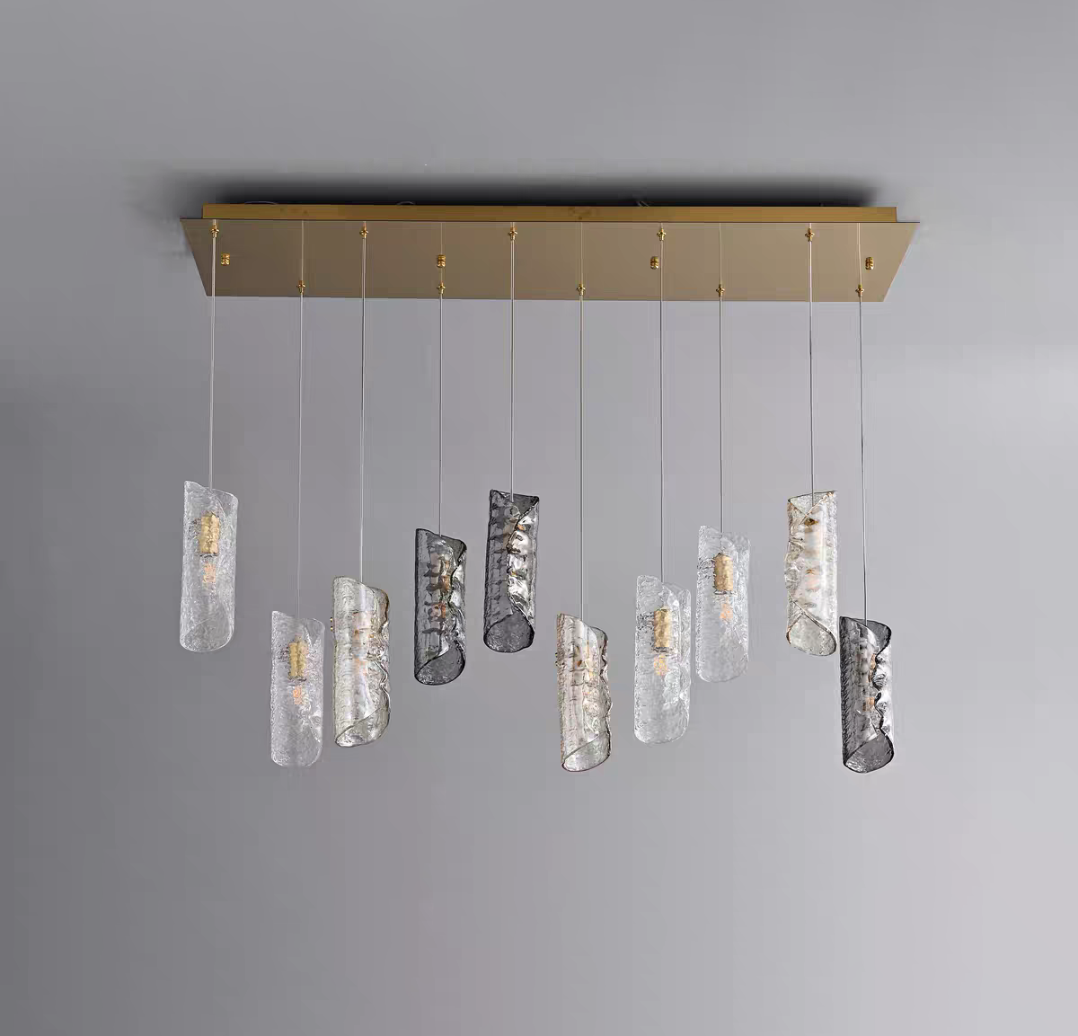 Front shot of the 10-light Frosted Glass Chandelier with a unique rectangular canopy, offering a modern twist.