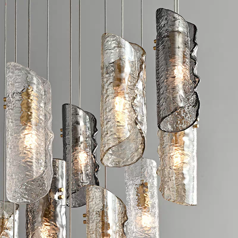 Aerial view of the 12-light Frosted Glass Chandelier, showcasing the expansive layout of its lights.
