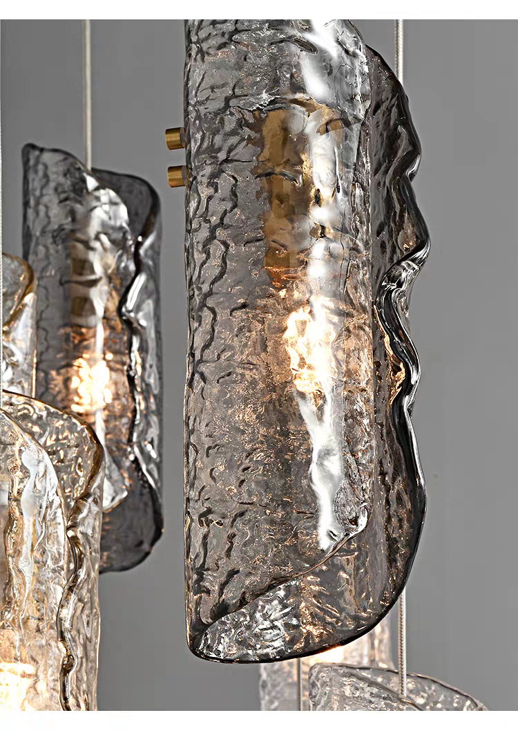 Close-up of hand-blown frosted glass shades with marble-like veining