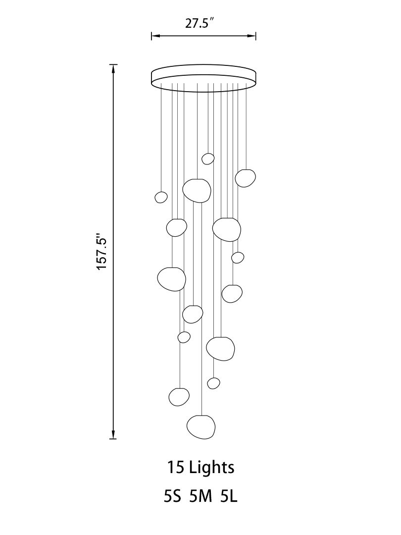 Side view of the 15-pendant configuration, highlighting its impressive scale and adjustable height.
