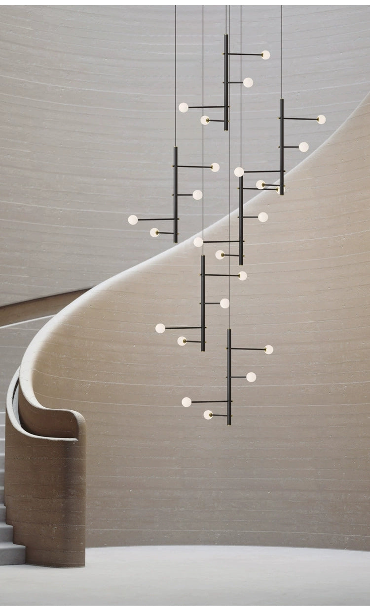 Front view of the 24-light hanging cord style chandelier, highlighting its balanced design.