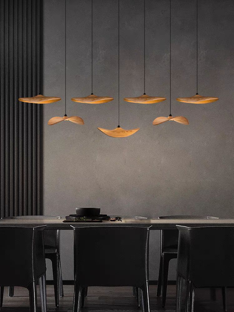 From the side, the 7-light Wooden Shade Chandelier reveals its natural wood texture and light diffusion.
