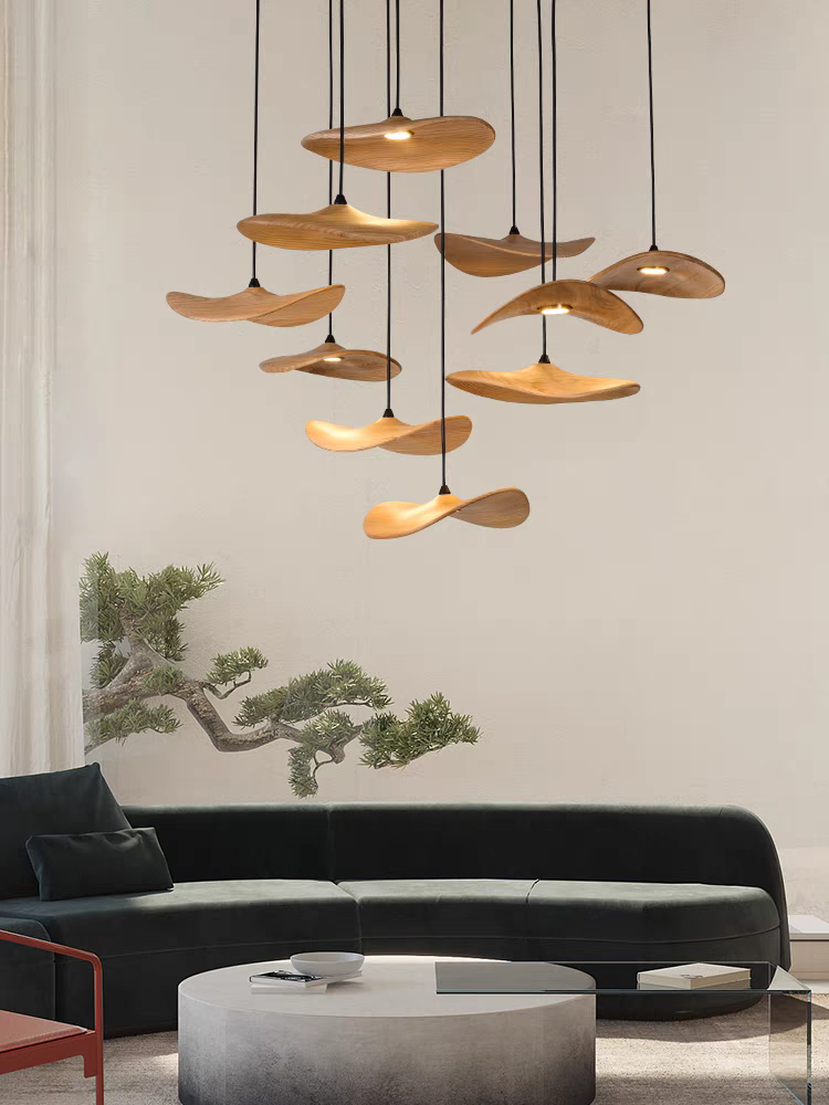 Modern wooden shade chandelier with ten lights viewed from below, showcasing its symmetrical design.