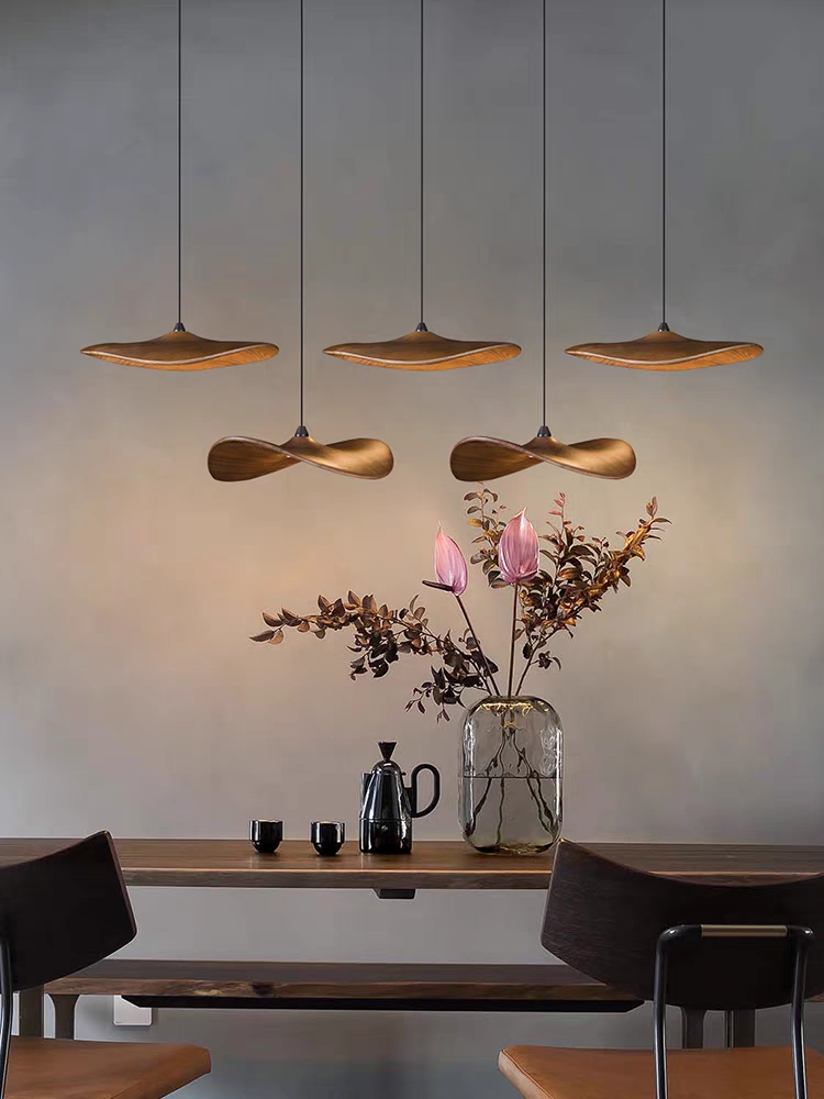 The 5-light Wooden Shade Chandelier, viewed from the front, showcases its compact elegance and warm LED glow.