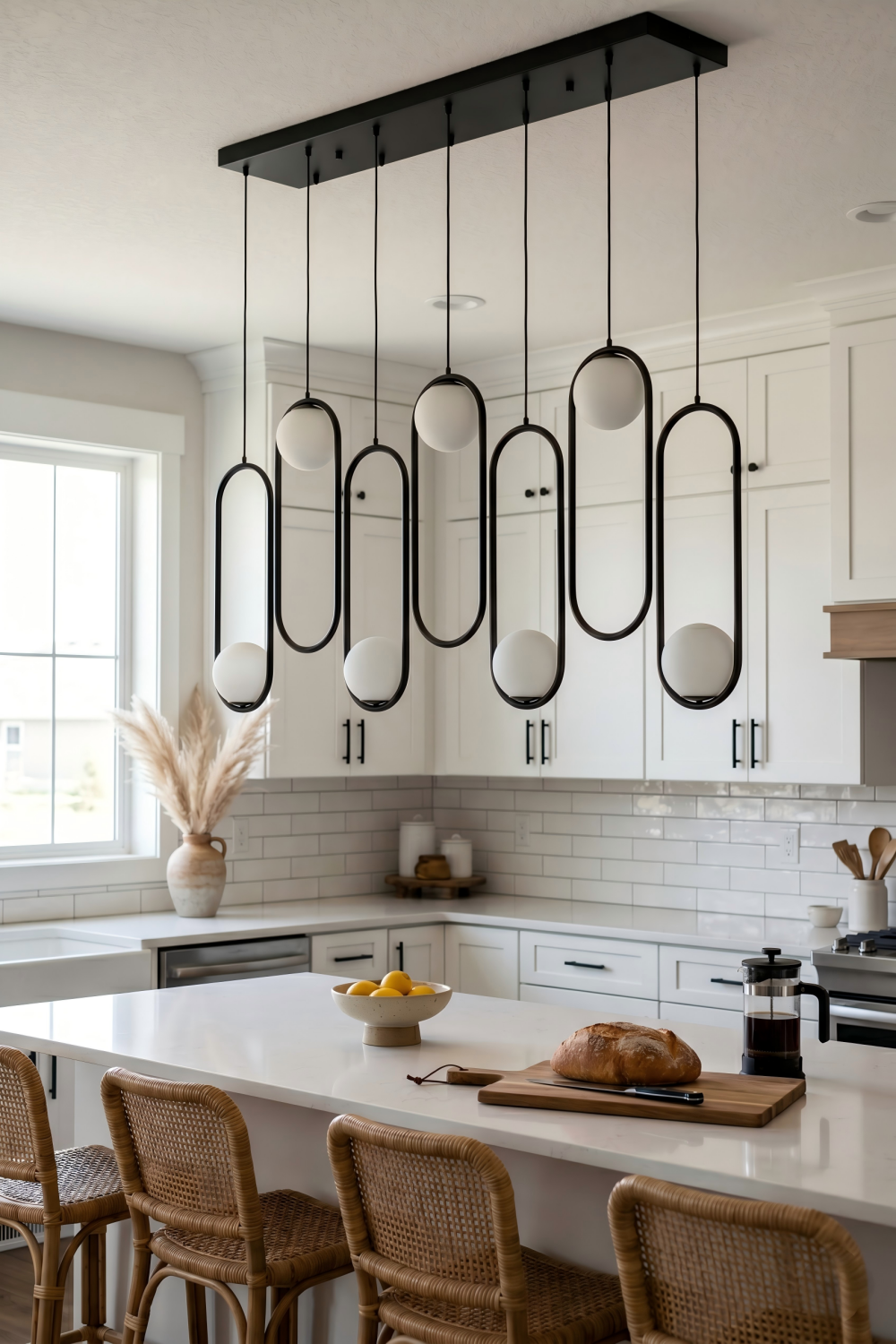 Modern minimalist chandelier in matte black installed above a white quartz kitchen island in a bright farmhouse kitchen