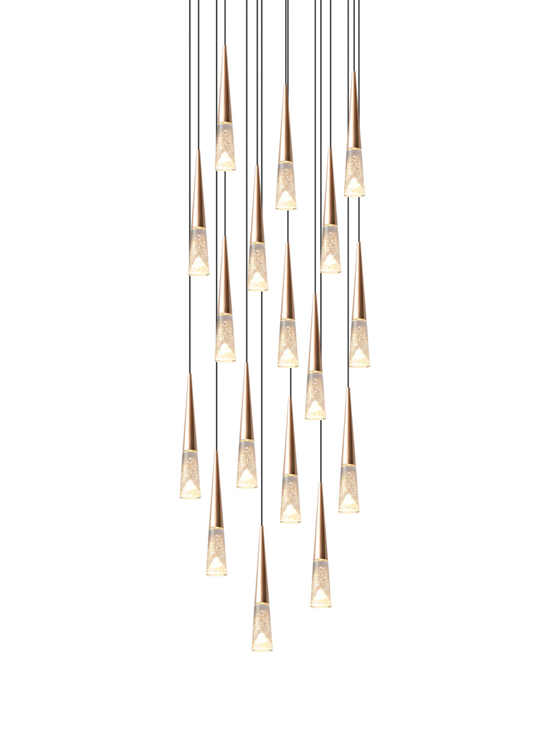 A chandelier with a conical design featuring a brass finish and clear crystal shade with internal bubbles and an iceberg effect. It is equipped with LED lights.
