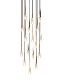 Thumbnail for A chandelier with a conical design featuring a brass finish and clear crystal shade with internal bubbles and an iceberg effect. It is equipped with LED lights.