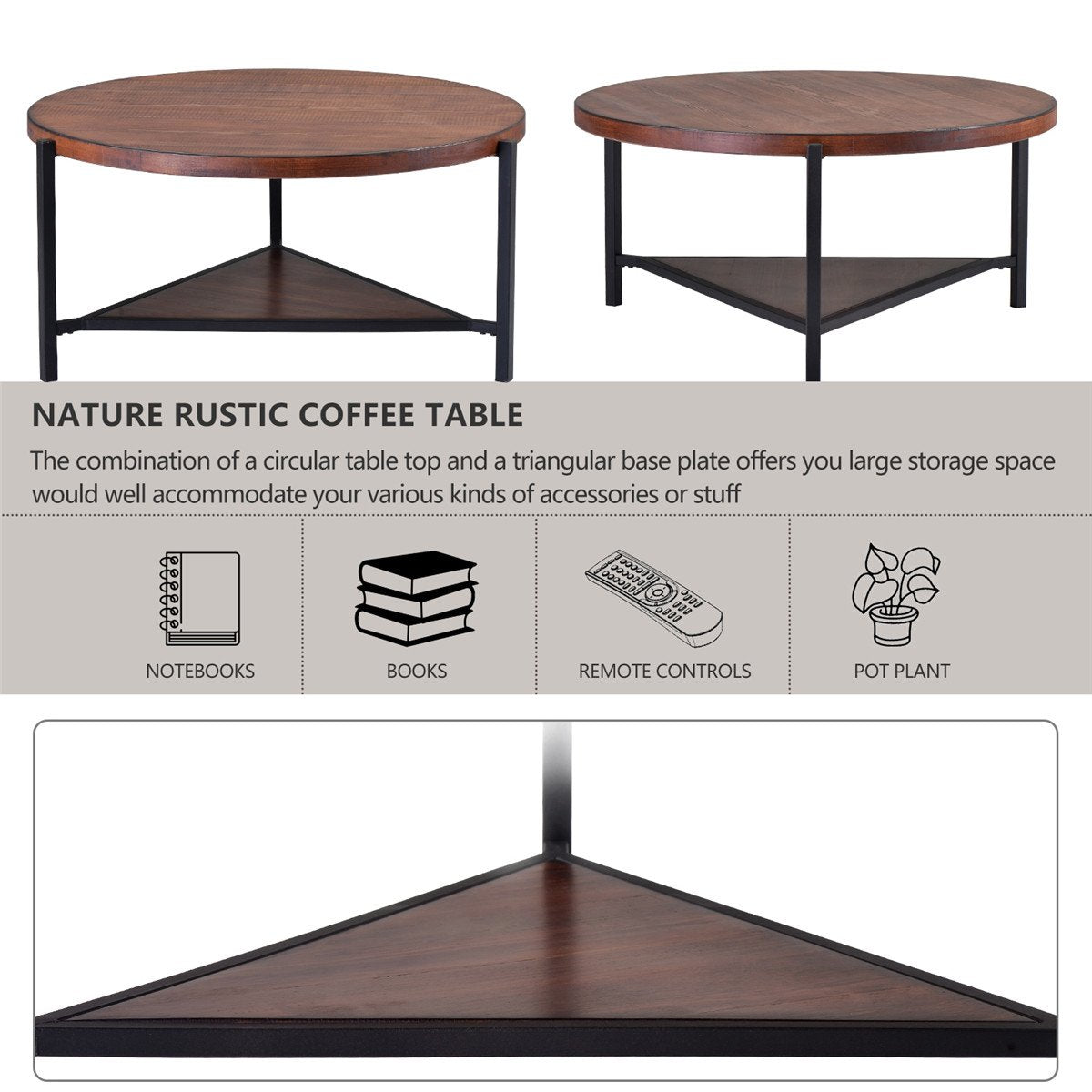 Coffee Table Round Industrial Design Metal Legs with Storage Open Shelf for Living Room