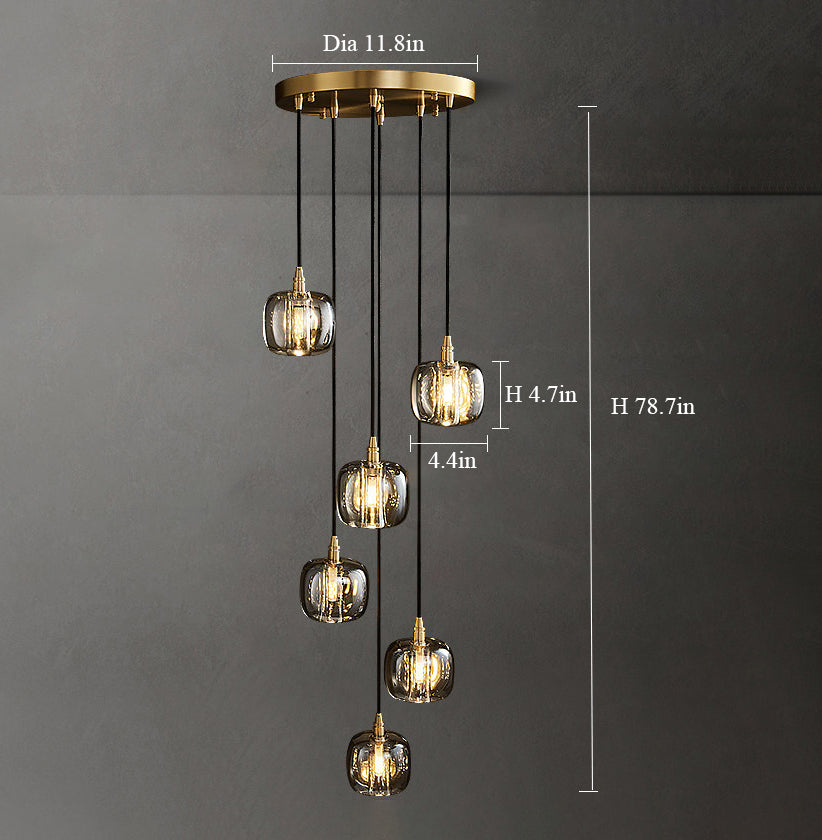 Front view of the 6-light Crystal Brass Pendant Lights, showcasing their shimmering crystal globes and brass finish.
