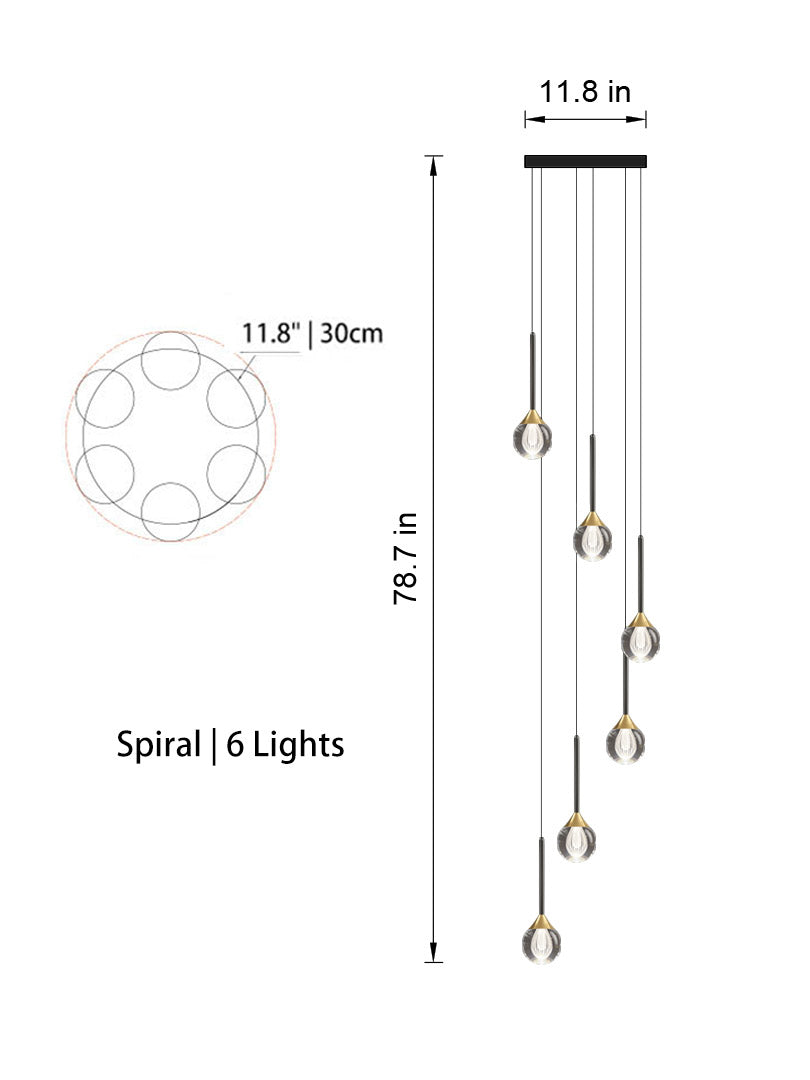 Side angle of the 6-light chandelier in spiral style, highlighting its adjustable cables and warm LED glow.