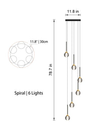 Thumbnail for Side angle of the 6-light chandelier in spiral style, highlighting its adjustable cables and warm LED glow.