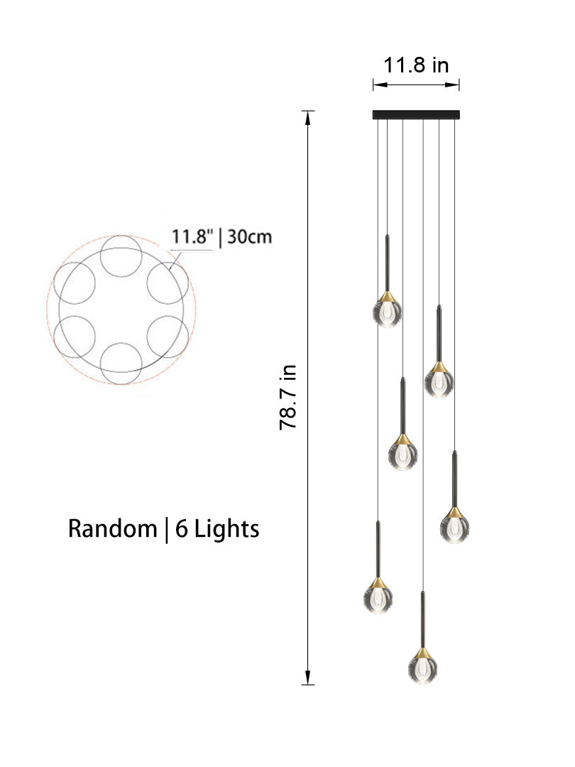 Front view of the 6-light Sculptural Crystal Pendant Light in random style, showcasing its elegant crystal globes.
