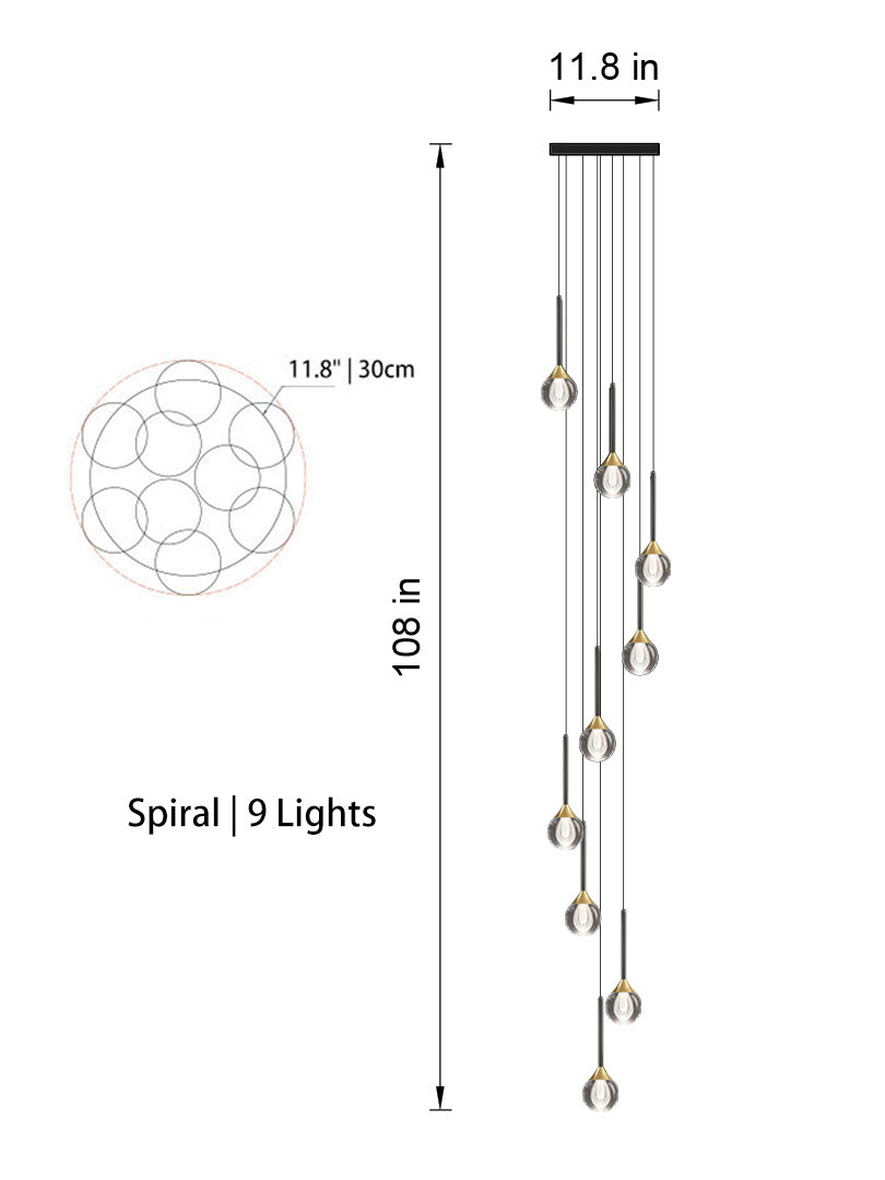 Side view of the 9-light chandelier in spiral style, showcasing its height and adjustable cables.