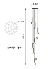Thumbnail for Side view of the 9-light chandelier in spiral style, showcasing its height and adjustable cables.