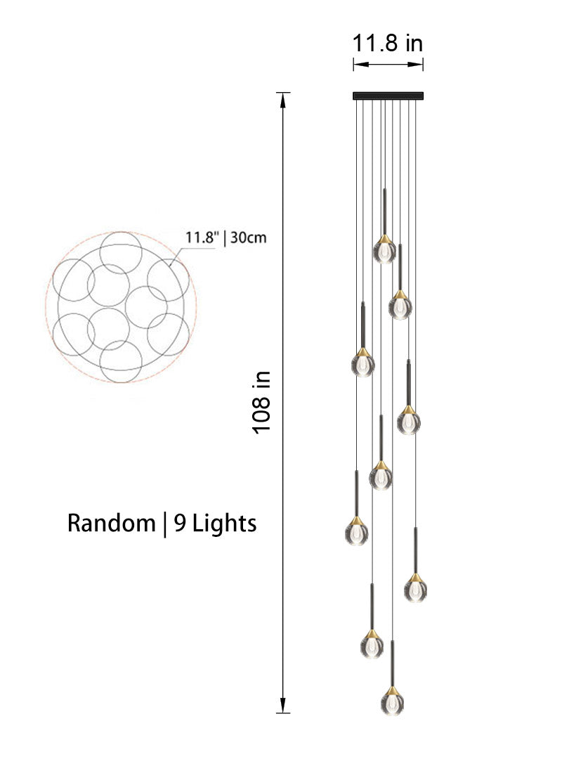 Front view of the 9-light Sculptural Crystal Pendant Light in random style, displaying its balanced design.