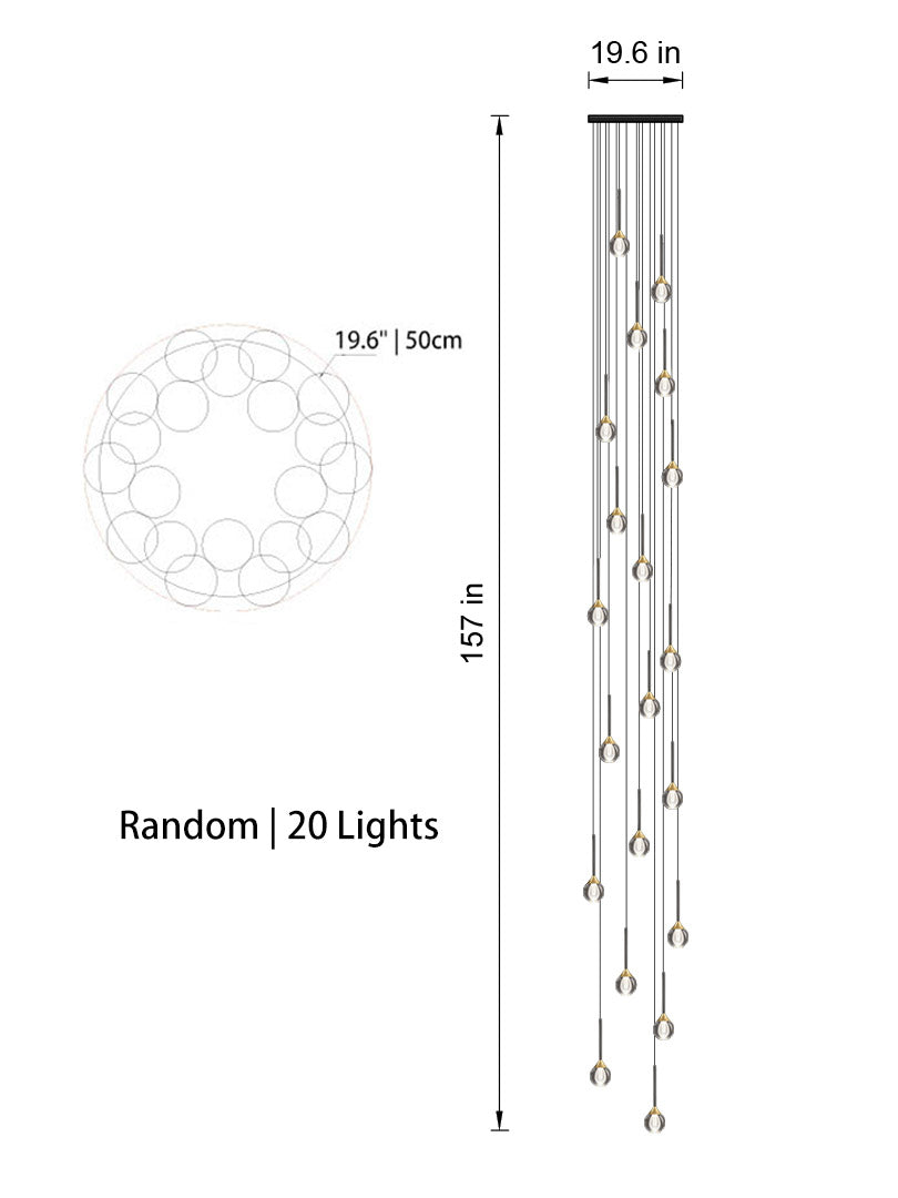 Front view of the 20-light Sculptural Crystal Pendant Light in random style, perfect for spacious interiors.
