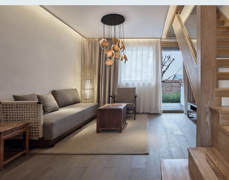 Double Moon Pendant Light | Wood & Brass LED | Aurorae