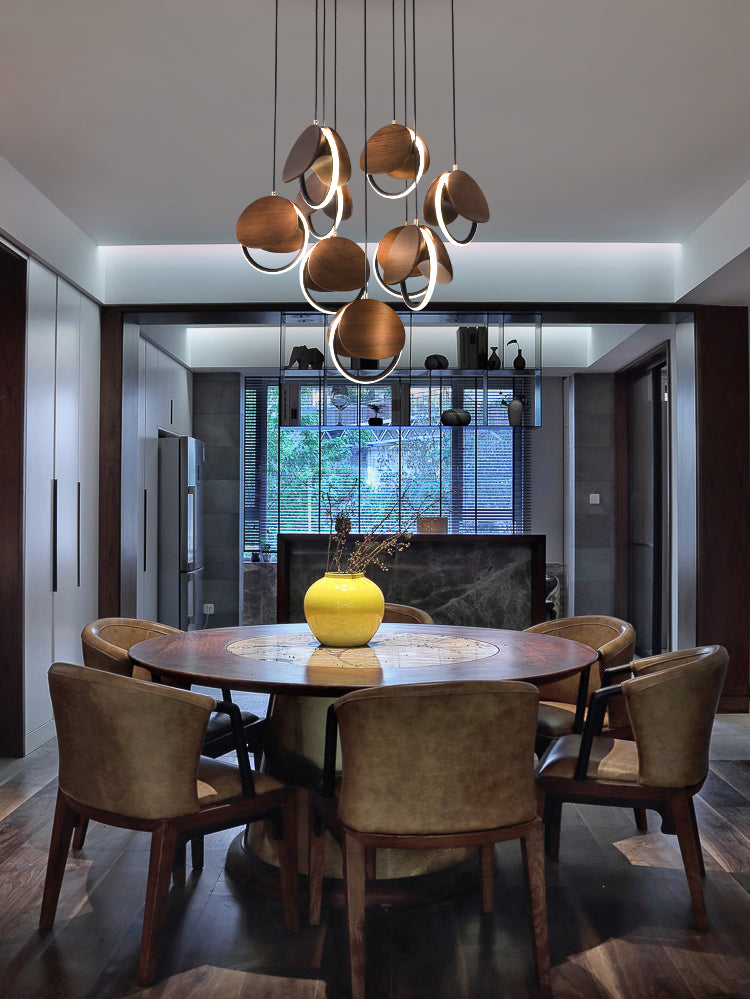 Double Moon Pendant Light | Wood & Brass LED | Aurorae