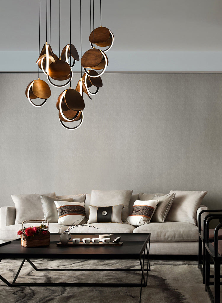 Double Moon Pendant Light | Wood & Brass LED | Aurorae