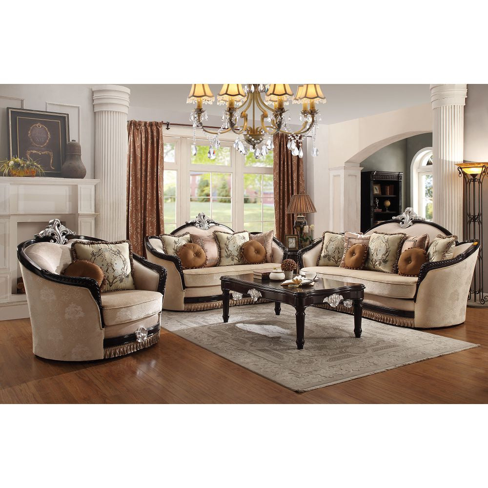 Ernestine Sofa with 7 Pillows in Tan Fabric and Black