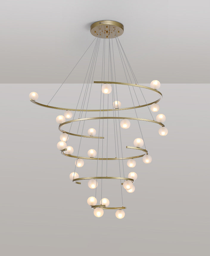 Front view of the 28-light Eternity LED Chandelier with gold canopy, showcasing its tiered glass globes.