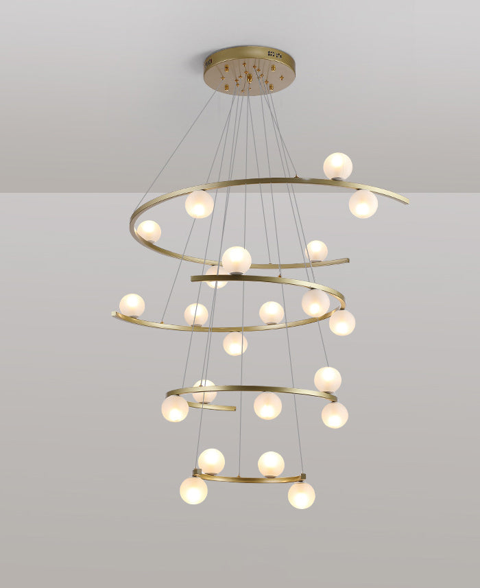 Side angle of the 22-light chandelier, highlighting adjustable cables and warm LED glow.