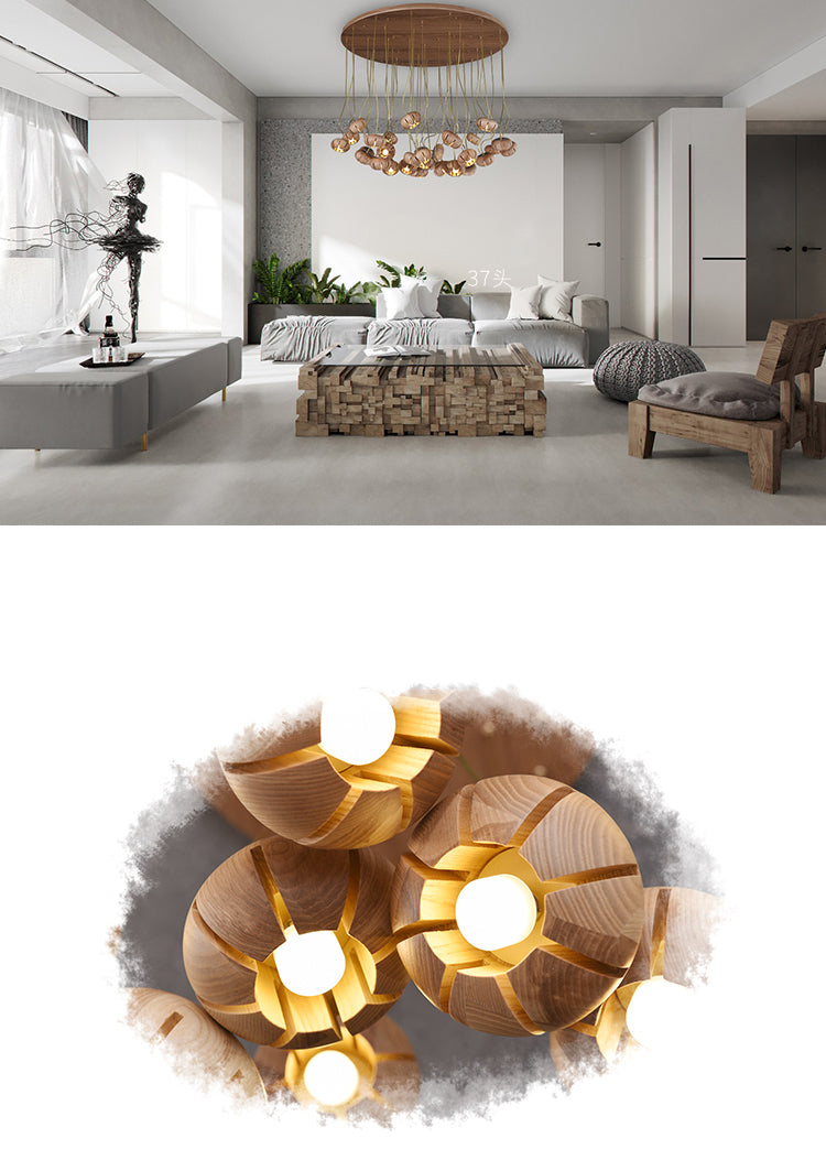 Flower Wooden Chandelier | Natural Brass LED | Aurorae
