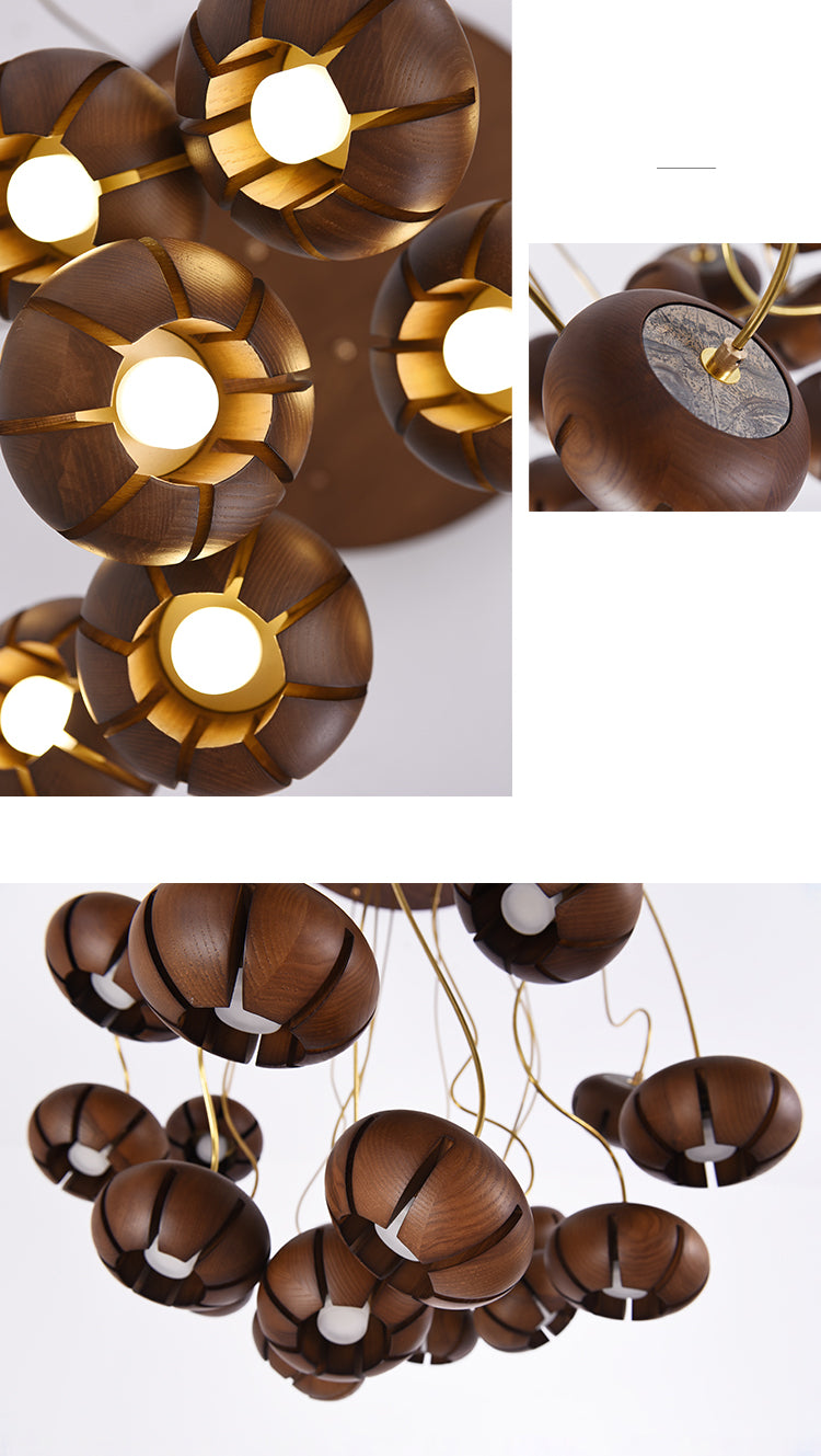 Flower Wooden Chandelier | Natural Brass LED | Aurorae