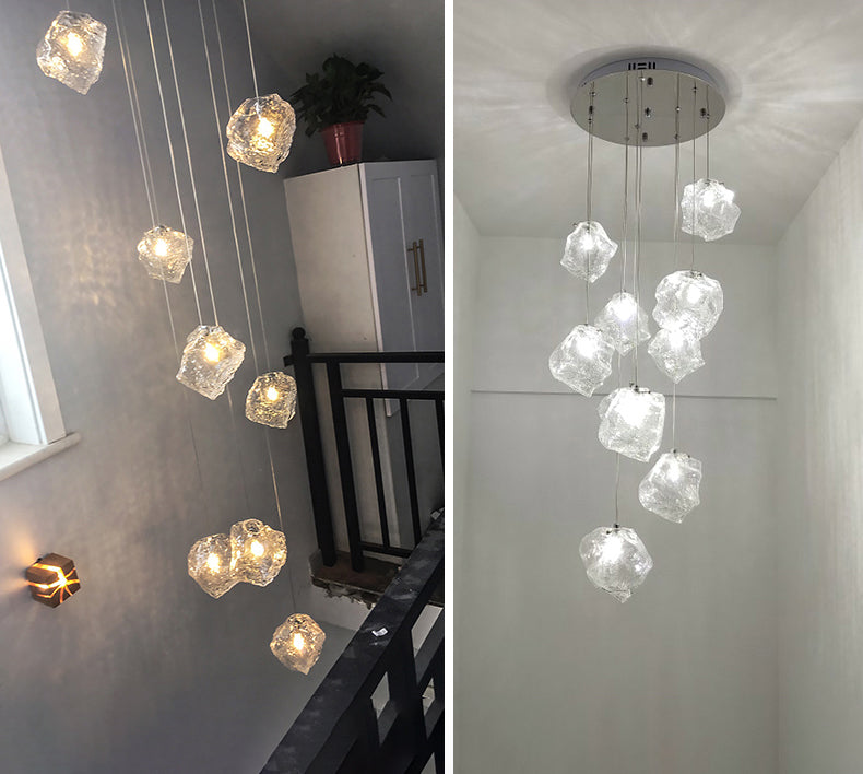 Front view of the 8-light Petrified Radiance Chandelier, showcasing its geometric stone glass design.