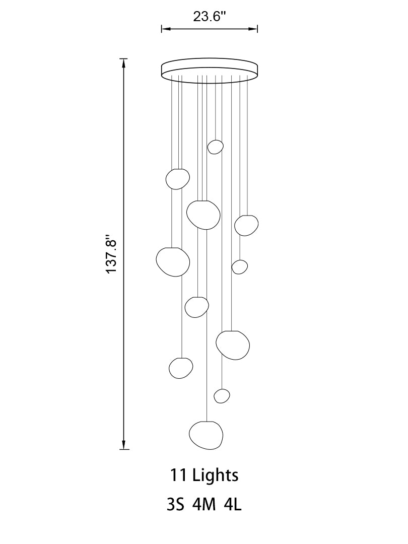 Front view of the 11-pendant setup, showcasing its grandeur and coordinated light distribution.