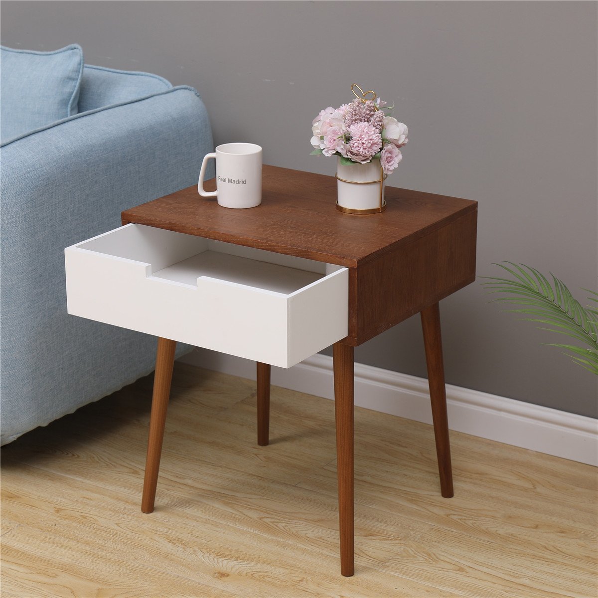 Light Fraxinus Mandshurica | White Side End Table Nightstand with Drawer