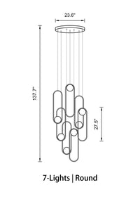 Thumbnail for Side angle of the 7-light chandelier in black finish, highlighting its adjustable cables and warm glow from dimmable LED bulbs.