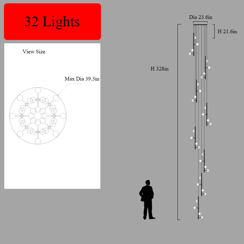 Overhead view of the 32-light hanging cable style chandelier, illustrating its light pattern.