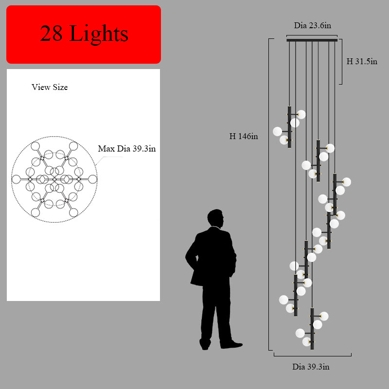 Overhead view of the 28-light mixed style chandelier (146 x 39.3 in), illustrating its light arrangement.
