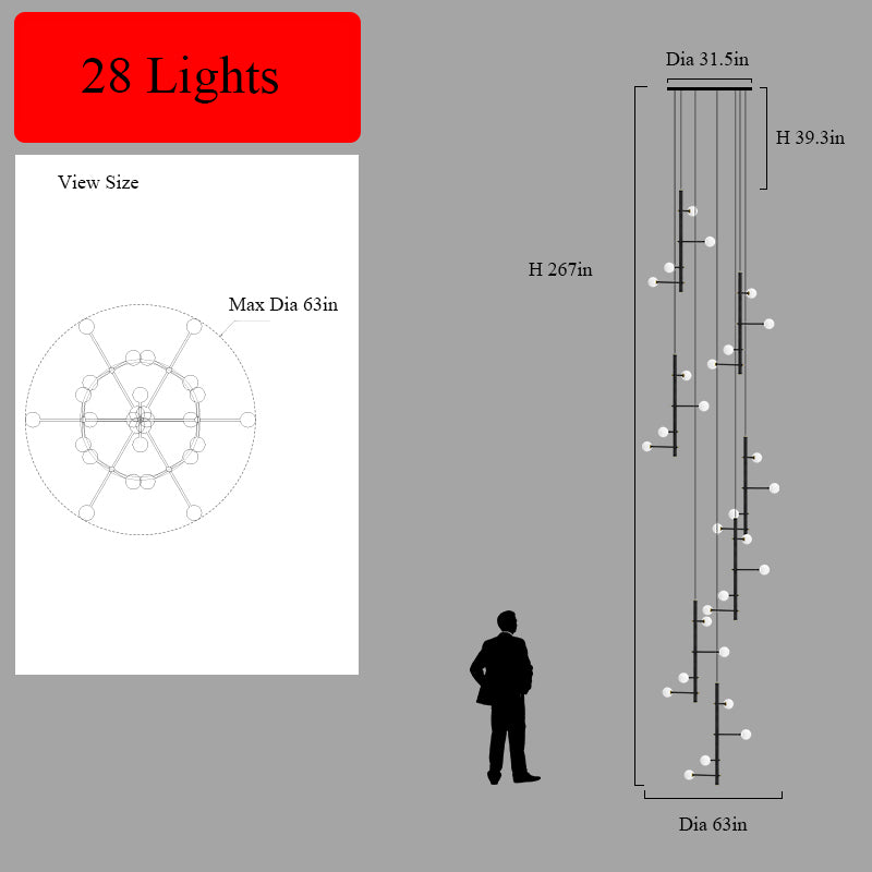 Overhead view of the 28-light mixed style chandelier (267 x 63 in), revealing its canopy.