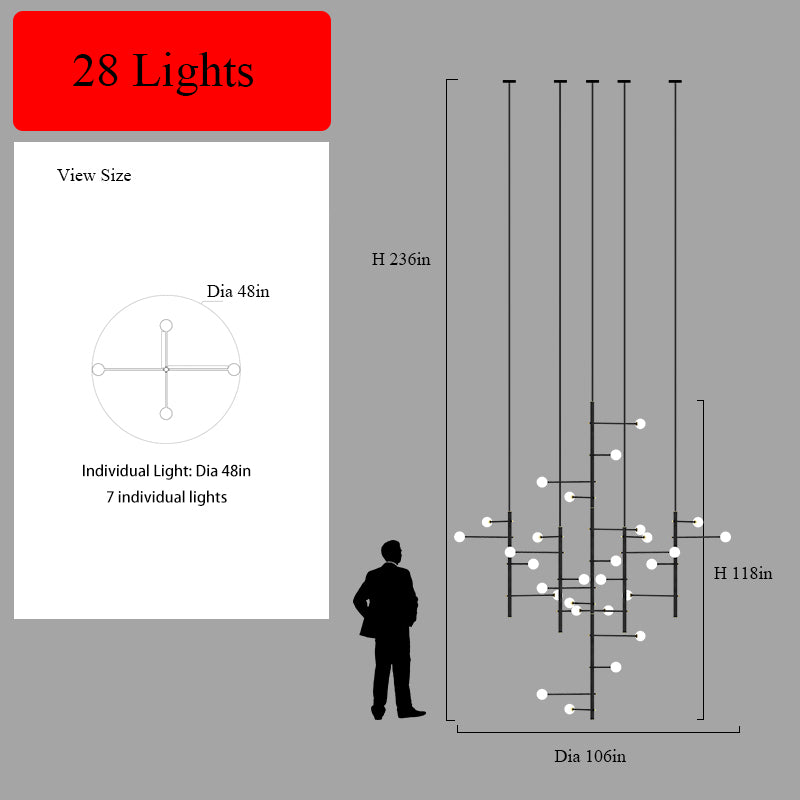 Overhead view of the 28-light mixed style chandelier (236 x 106 in), showing its light pattern.