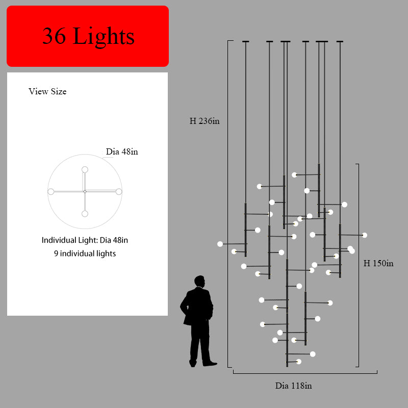 Overhead view of the 36-light mixed style chandelier, revealing its canopy and light arrangement.