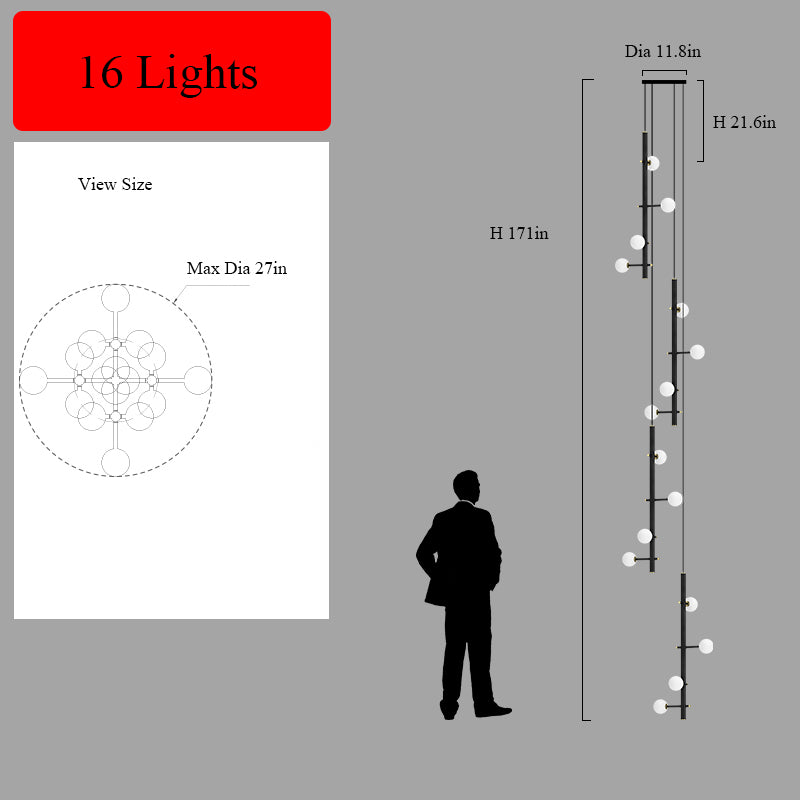 Side view of the 16-light hanging cable style chandelier, highlighting its adjustable cables.