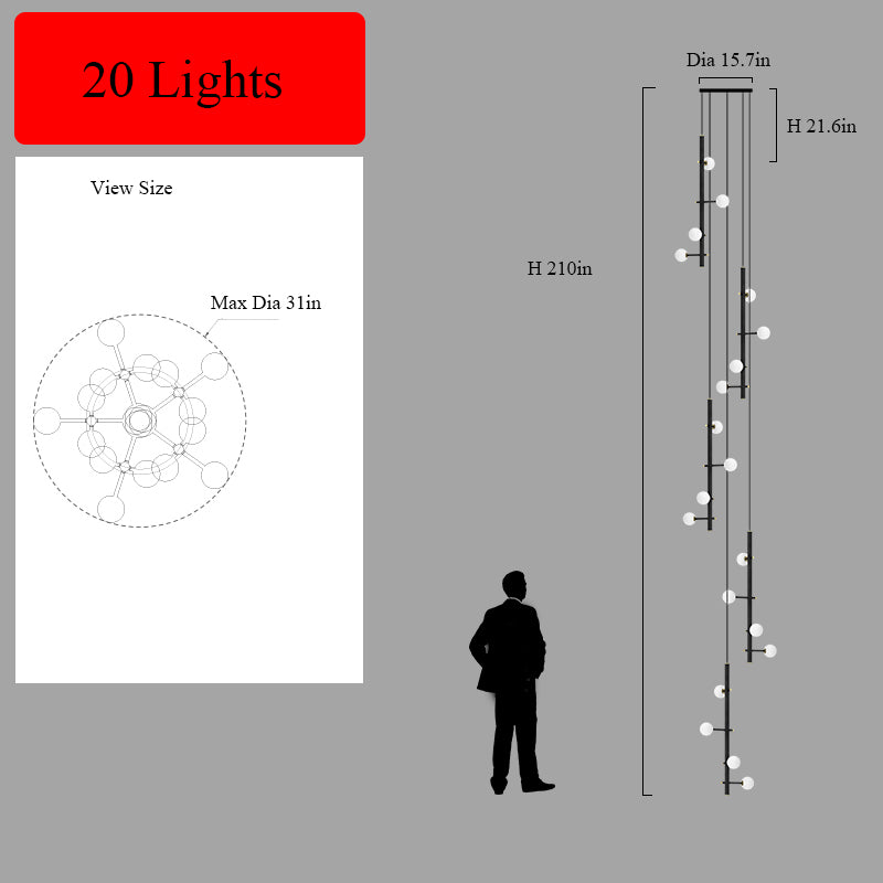 Overhead view of the 20-light hanging cable style chandelier, milky luminescence of the white glass globes when lit.