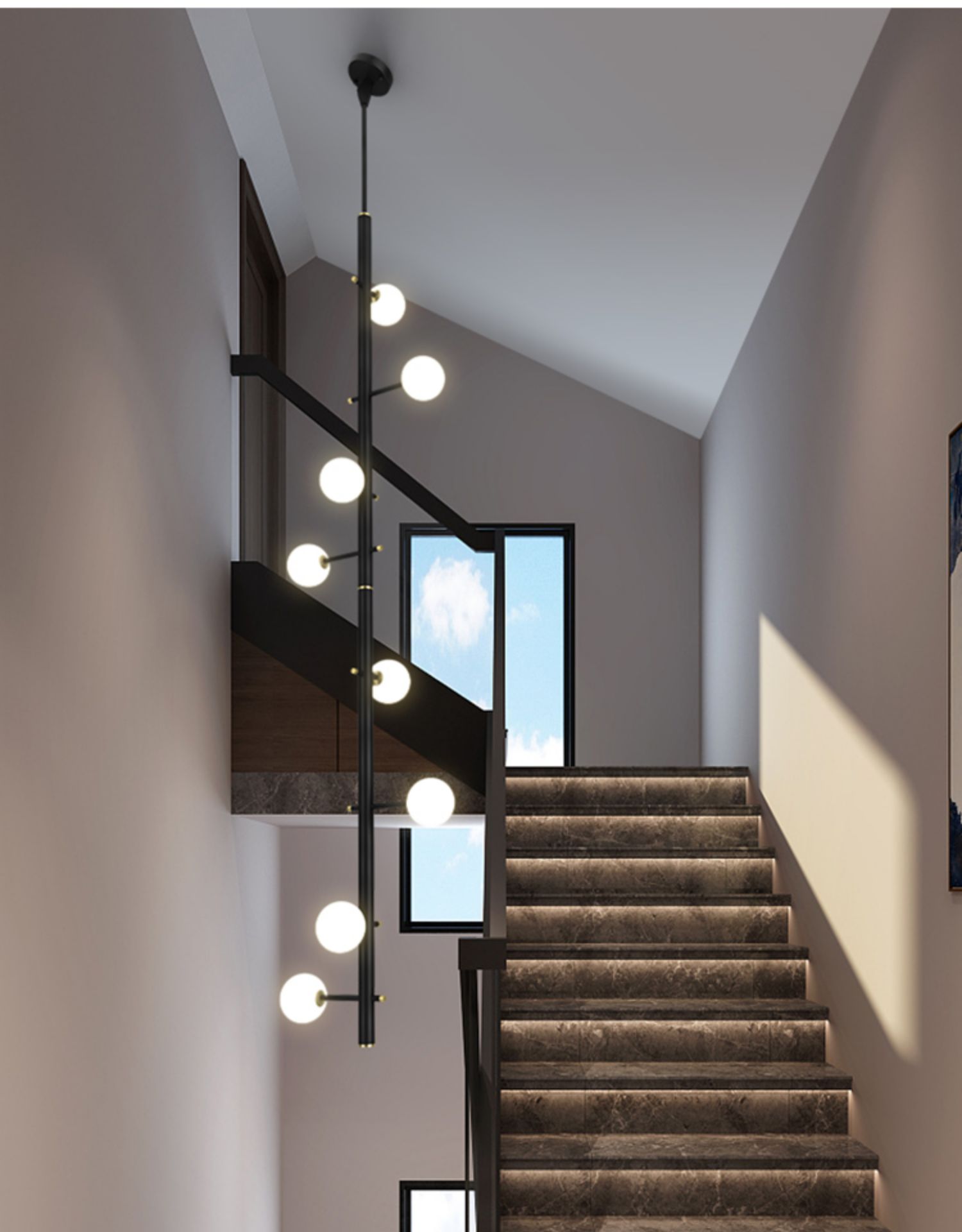 Close-up of the refined ceiling canopy and discreet suspension system of the contemporary linear globe pendant.