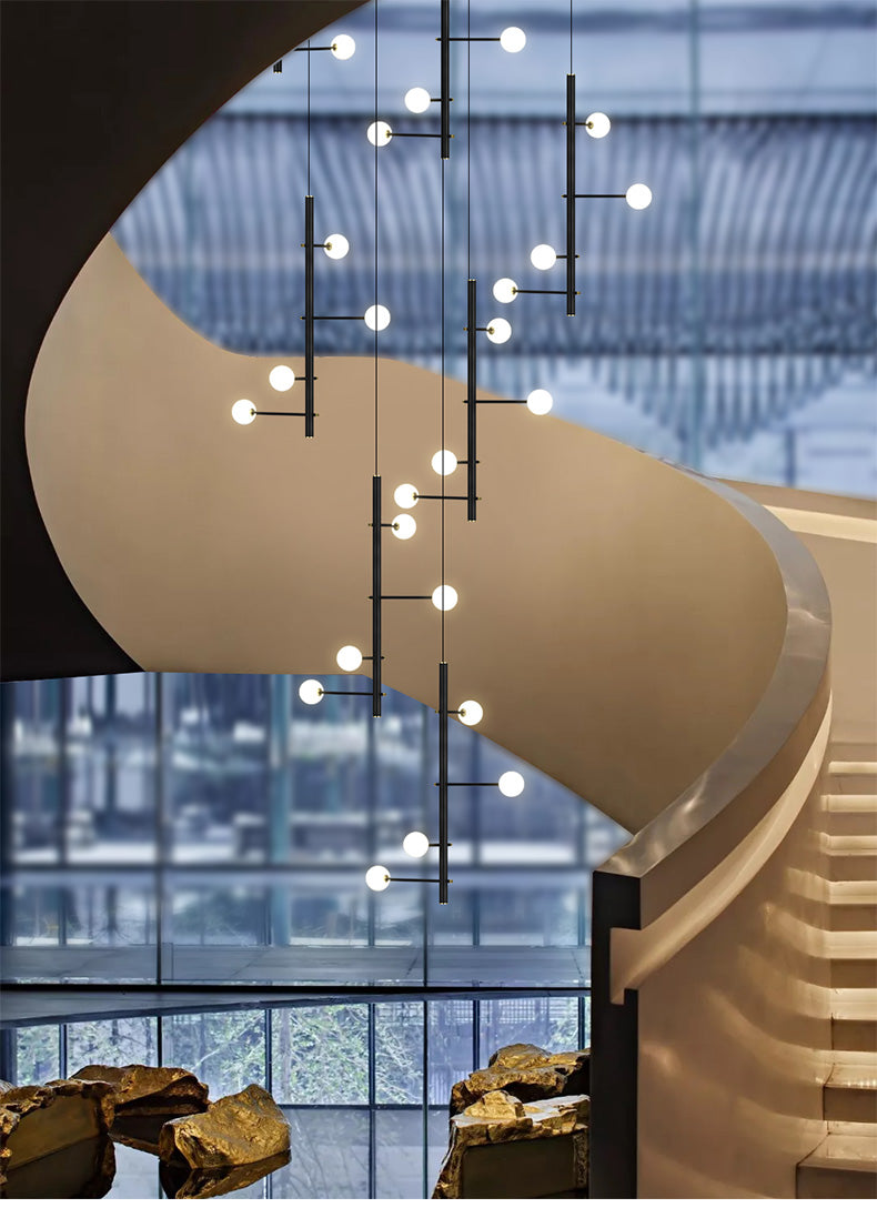 Front view of the 32-light hanging cable style chandelier, emphasizing its modern look.