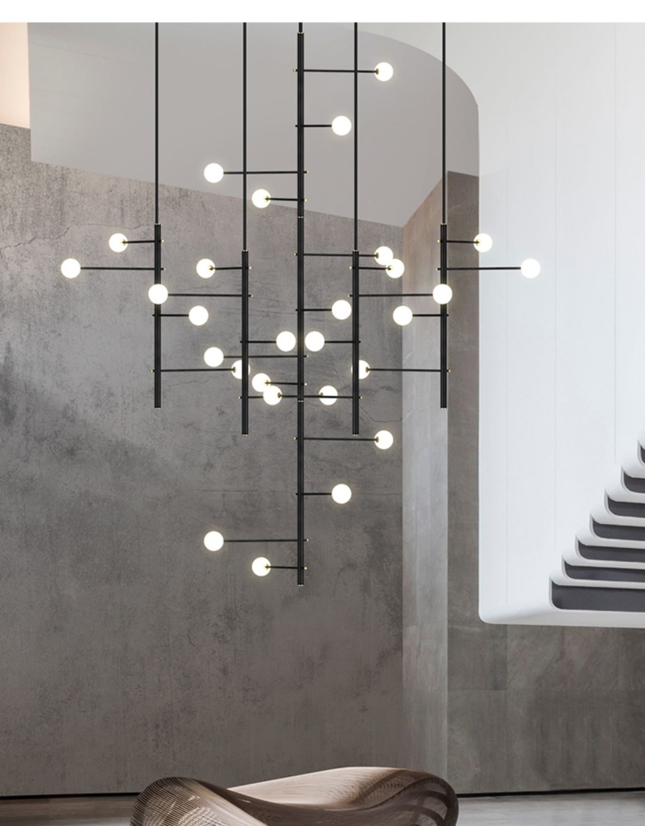 The chandelier providing ample, yet gentle, functional light for tasks in a kitchen or workspace setting.