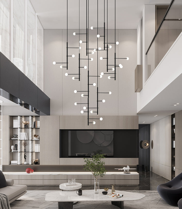 Side angle of the 36-light mixed style chandelier, highlighting its height and light diffusion.