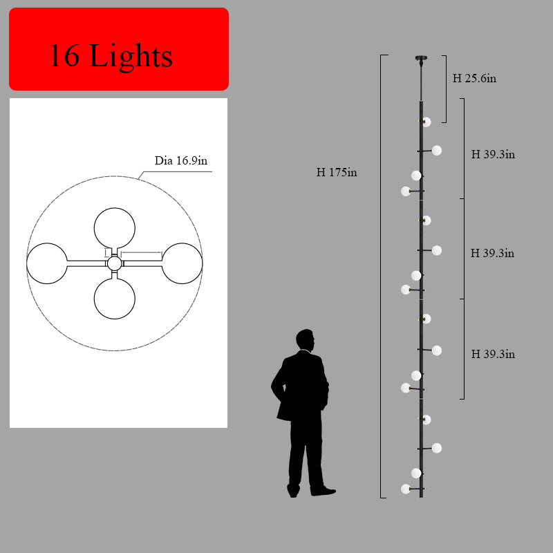 Overhead view of the 16-light hanging cord style chandelier, illustrating its light arrangement.