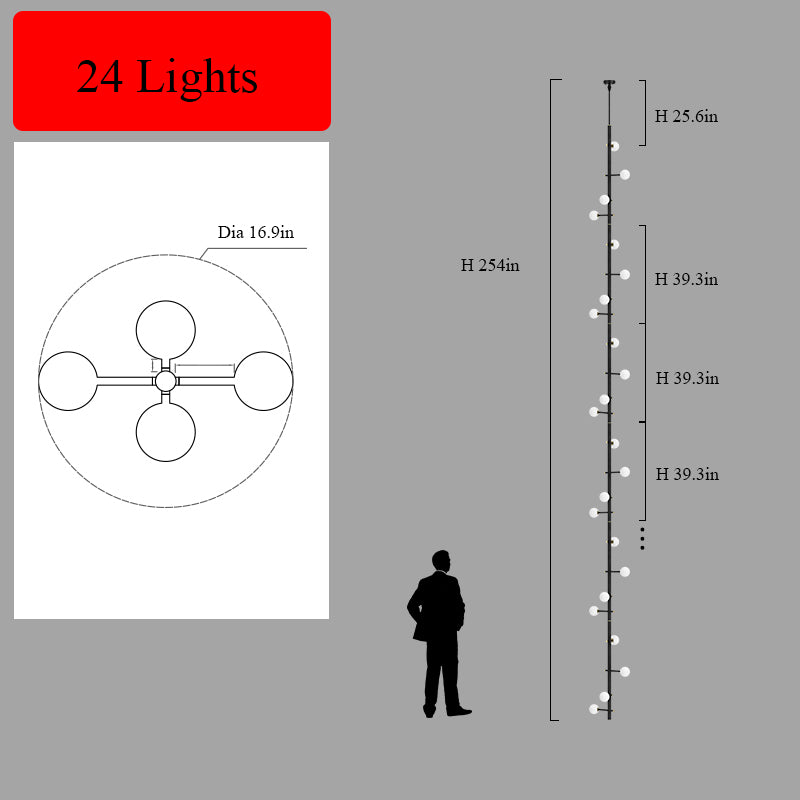 Overhead view of the 24-light hanging cord style chandelier, demonstrating its slender form and understated elegance.