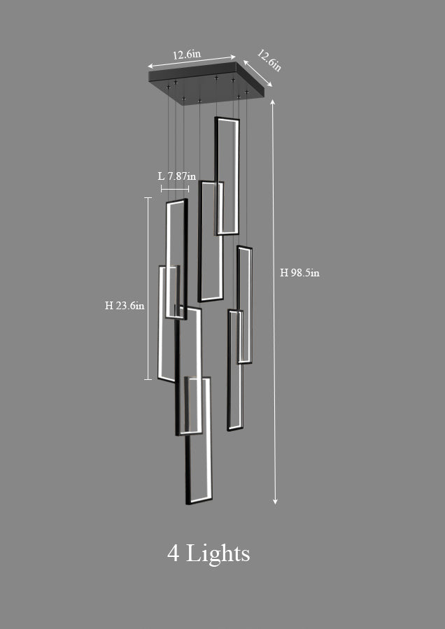 The 4-light configuration of the chandelier, highlighting its stepped square canopy and adjustable cables.